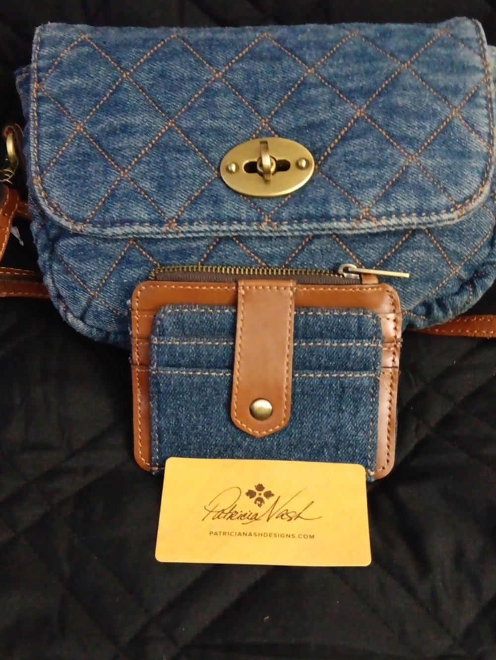 Patricia Nash Quilted Denim Crossbody with Brown Leather Trim